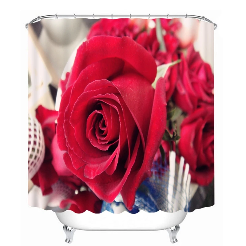 

Customize Bathroom Products Red Roses Pattern 3D Shower Curtains Waterproof Thickend Washable Bath Curtains 180 *200cm 12 Hooks