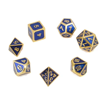 

7Pc Metal Polyhedral Dice Antique Gold & Blue With Bag Dungeons & Dragons RPG MTG Role Playing Board Interesting Gathering Game