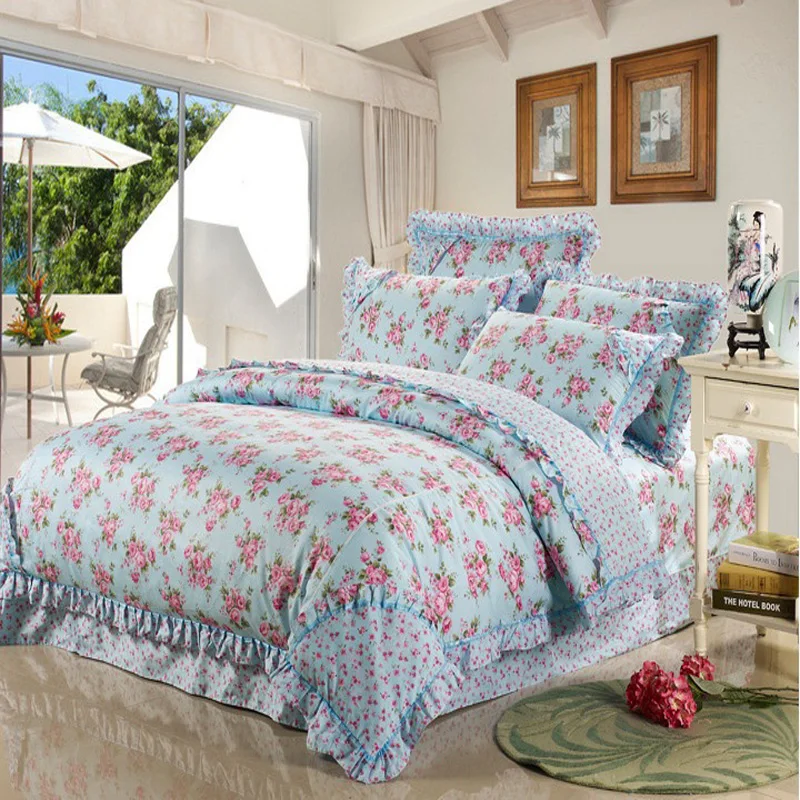 

Blue Princess Bedding Korean Bedding Set Country Comforters Sets Wool Cotton Flounce 4pc Quality Cotton Girls Bedding Full Size