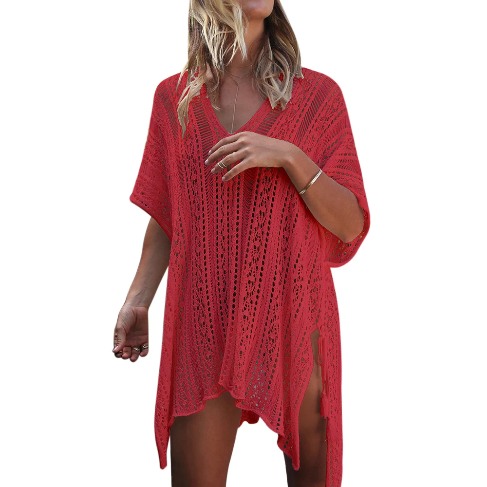 Вязаное крючком белое пляжное платье туника длинное парео бикини пляжное платье накидка для плавания пляжная одежда - Цвет: red