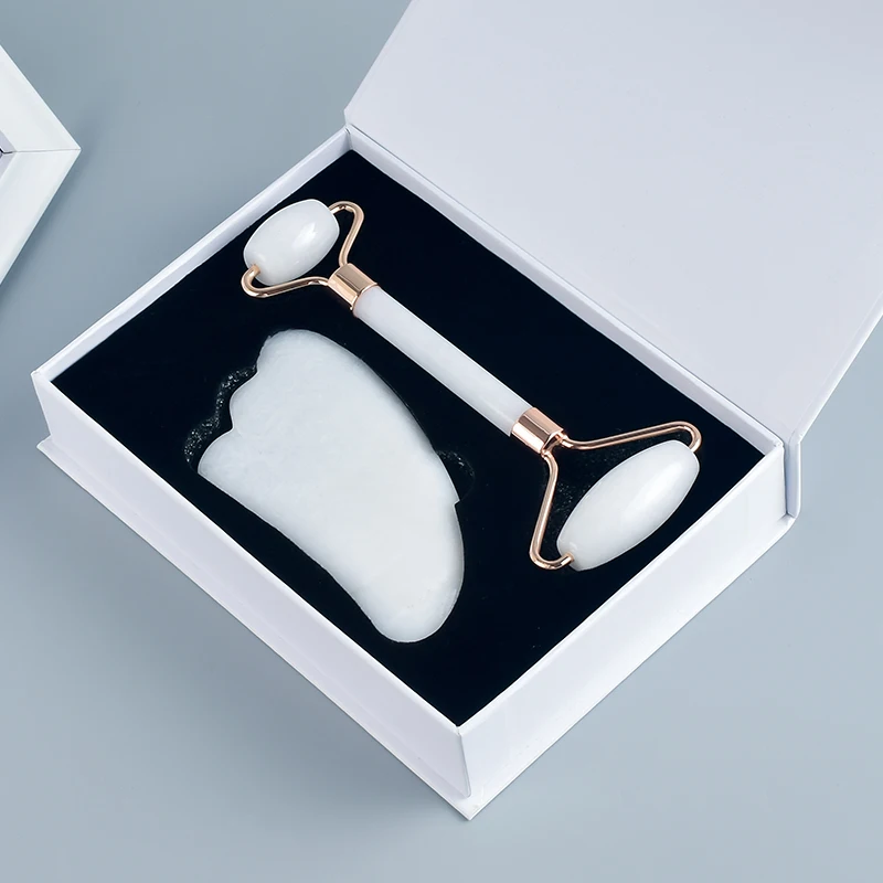 

Face Neck Eye Slimming Anti Wrinkle Cellulite Massage Stone 2 in 1 Jade Roller Gua Sha Massage Tool Scraping Set Gift Box