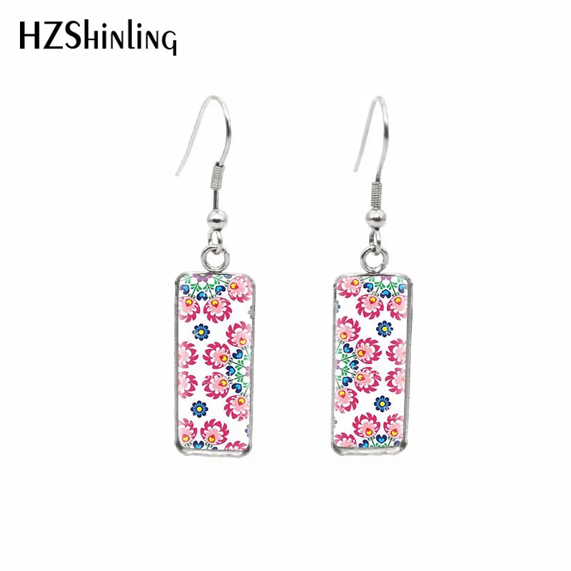 

2019 New Polish Folk Rectangular Earring Folk Pattern Flowers Fish Hook Earring Art Glass Handmade Jewelry