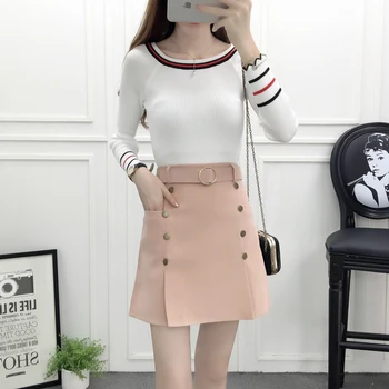 

2017 fall new women pullover knitwear & short skirt korean fashion suits skirts knit o neck sweater two-piece outfit girl vestid