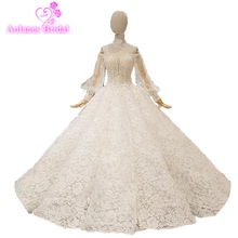 2018 New Whoesale Real Show Off White Champagne Fabric Beading Tassel Off The Shoulder Long Sleeves Big Skirt Wedding Dresses