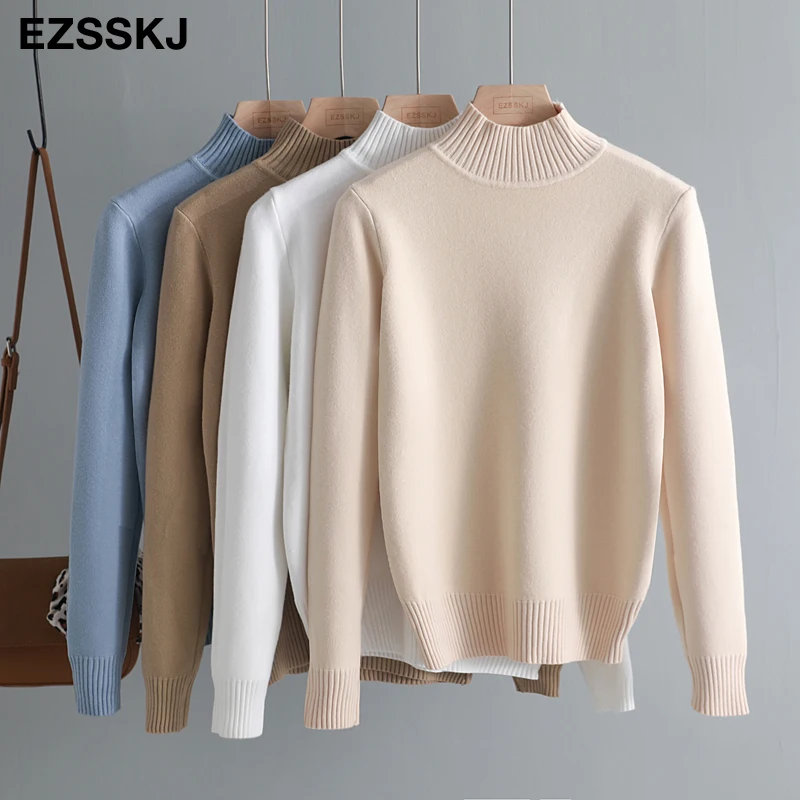 Korean Style Loose Sweater Women Pullover Casual Half Turtleneck Long Sleeve Knit Female Jumpers solid basic sweater | Женская одежда