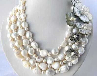 

FREE SHIPPING>>>@@ > 0590 4Strands 18'' White Round Baroque Freshwater Pearl Shell Flower Necklace
