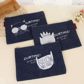 

1pc Canvas Denim Handbag Envelope Zippered File Bag Print Cat Our Time 5057