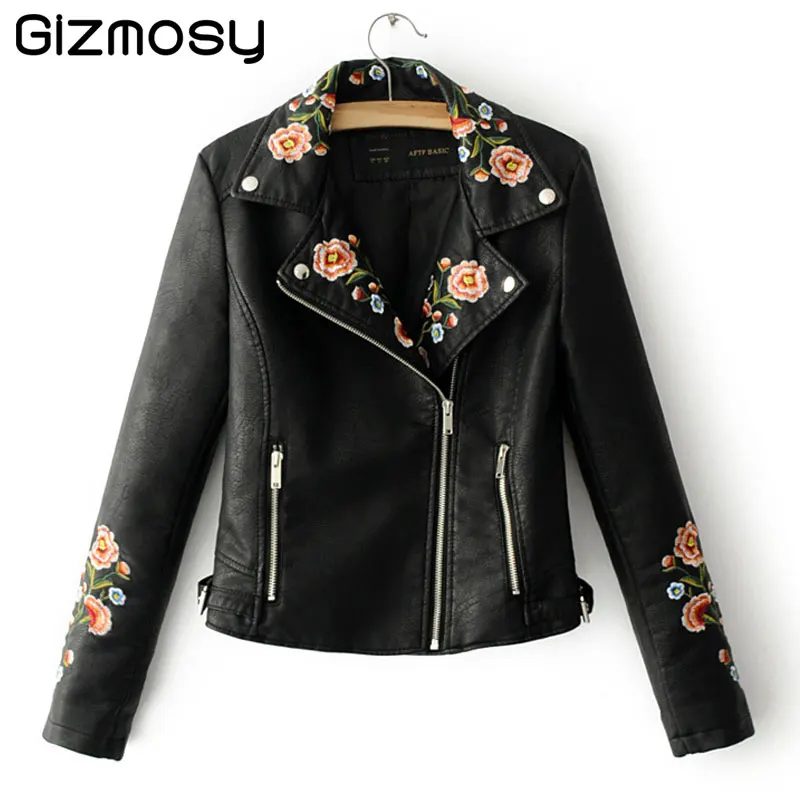 

2017 Autumn Faux Leather Jacket Women Motorcycle Jacket Flowers Embroidery Outerwear Coats Short Zipper Basic Jackets SY1379