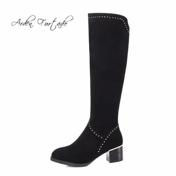 

Arden Furtado 2017 winte knee high boots woman shoes with rivets plush boots square heel genuine leather suede round toe women
