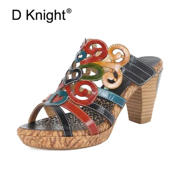 

Bohemia Sandals High Heel Handmade Genuine Leather Adjustable Hook Loop Slip On Stitching Slipper Woman Elegant Lady Shoes Slide