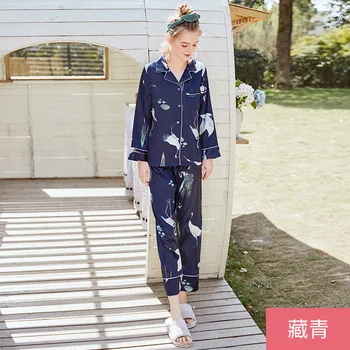 

Navy Blue Spring Womens Shirt Pants Suit Robe Bath Gown Sleepwear Sets Casual Long Sleeve Top Pajamas Ladies Home Wear Nightwear