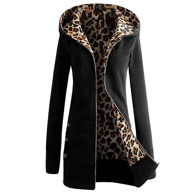 

Women Winter Warm Overcoat Leopard Zipper Hooded Long Sleeves Fleece Lined Slim Fit TT@88