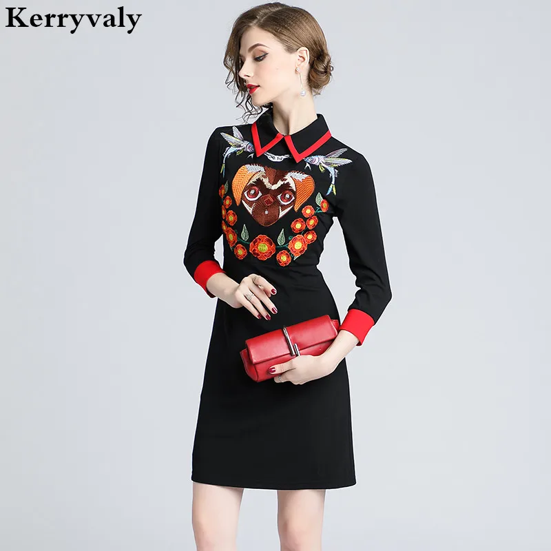 

Retro Women Black Embroidery Dress Robe Femme Hiver 2019 Autumn Gothic Midi Runway Party Dress Dames Jurken Streetwear K9119