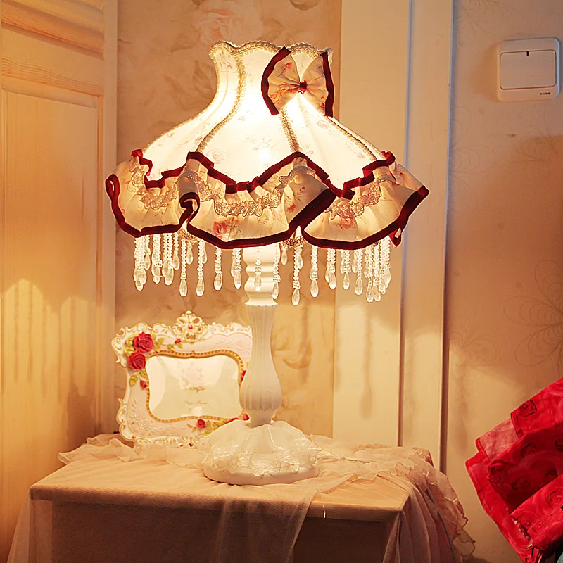 European-style garden princess bedroom bedside lamp shade cloth fabric floral lace crystal simple dimmable bedroom bedside lamp european style garden lace wedding celebration cloth decoration gift new red lamp