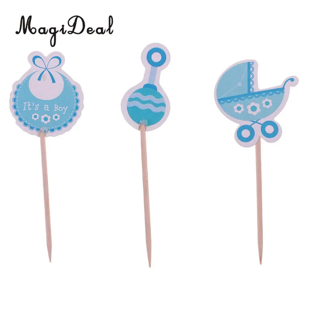 Pack of 36pcs Baby Shower Cupcake Picks Christening Baby Carriage Bib Rattle Cupcake Toppers It's a Girl Boy Party Accessories