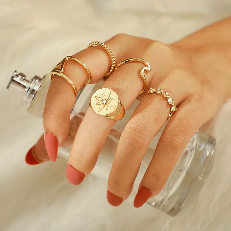 Bohemian Multi Layer Star Wave Mosaic Rhinestone Ring Set Geometric Flower Heart Ancient Silver Color Women Gift Jewelry | Украшения и