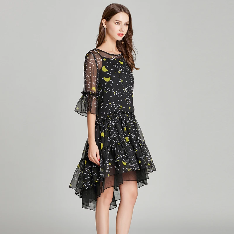 Женское платье больших размеров, L-5XL, высококачественное весенне-летнее платье, белое платье в горошек с принтом в виде листьев, желтых звезд, Черное мини-платье, бальное платье