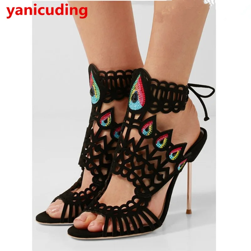 

yanicuding Peep Toe Women Pump Butterfly Knot Lace Up Summer Shoe Sexy High Thin Heel Peacock Tail Pattern Design Mujer Sandalia