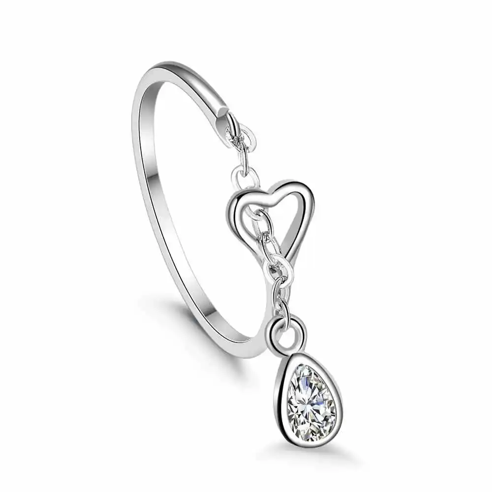 Water Drop Charm Ring For Women Clear Crystal Rhinestone Female 925