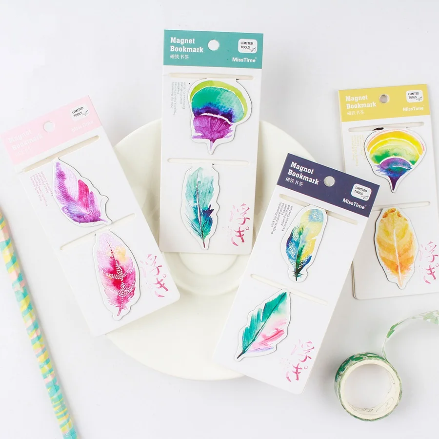

4 pcs Color feather Magnetic bookmark Mini paper clips book accessories Stationery Office School supplies marcador de libro F160