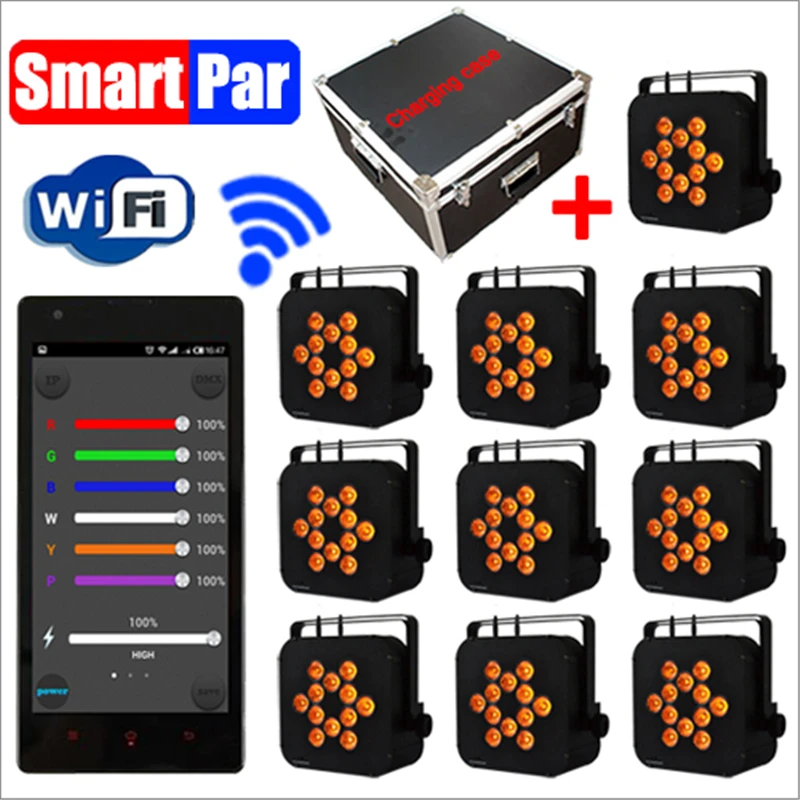 

10 Lights + Charging Flight Case RGBWA+UV 6IN1 WiFi Smart Par Battery Powered DMX Wireless Led Uplighting