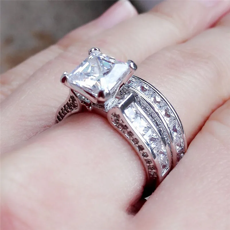 New Arrival Fashion Womens Vintage White Diamond Silver Engagement Wedding Band Rings for women midi rings Ring Set J13#N (3)