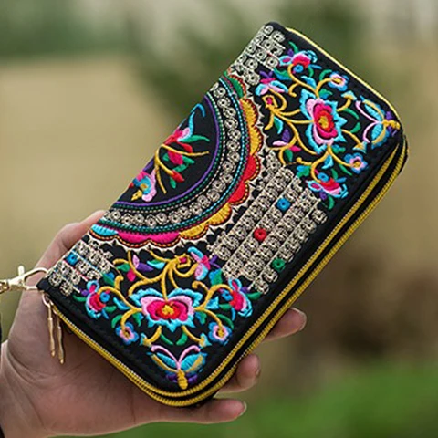 Bordados de Flores Mulheres de Longo Bolsa de Mão do Telefone Duplo Zíper Chinês Étnico Bordado Bolsa Carteira Artesanal Pequeno Tailândia Carteira