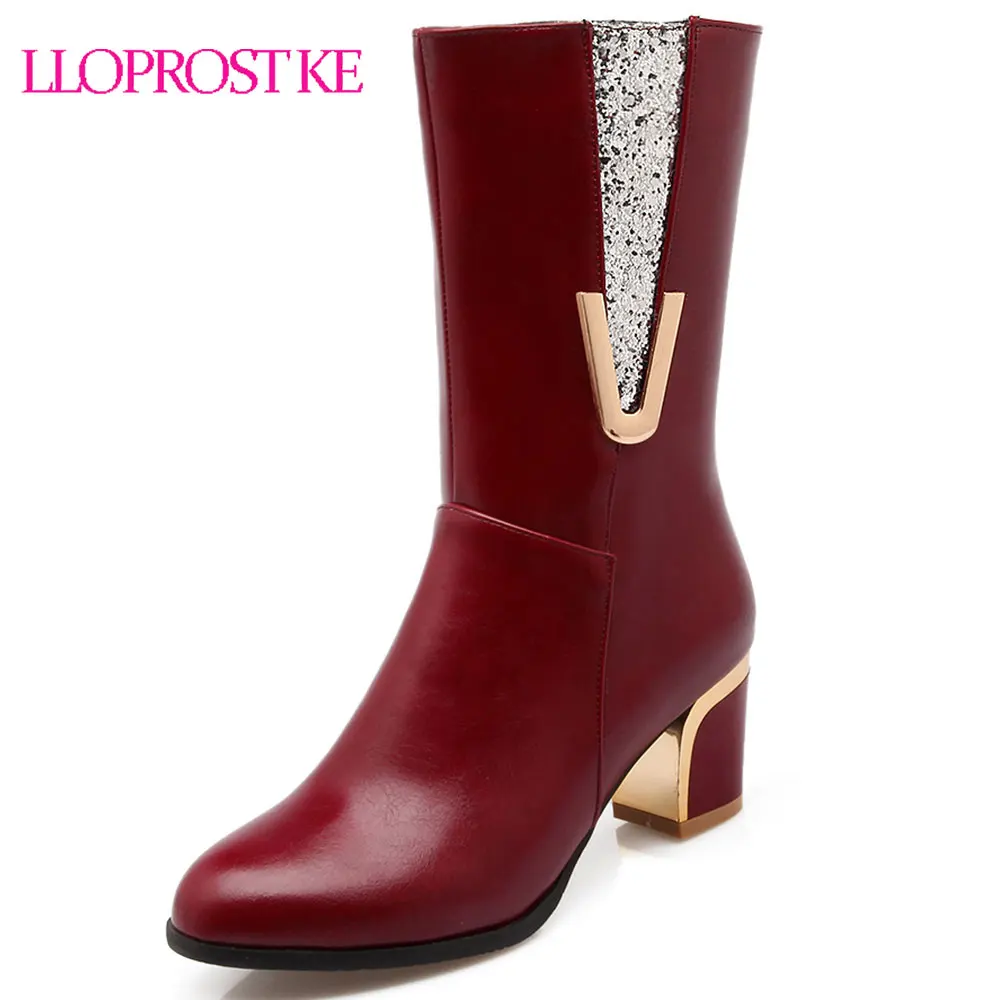 

Lloprost ke 2018 New Winter Thick High Heels Women Half Boot Round Toe Footwear Mid Calf Boots Solid Shoes Women Size 34-48 D288