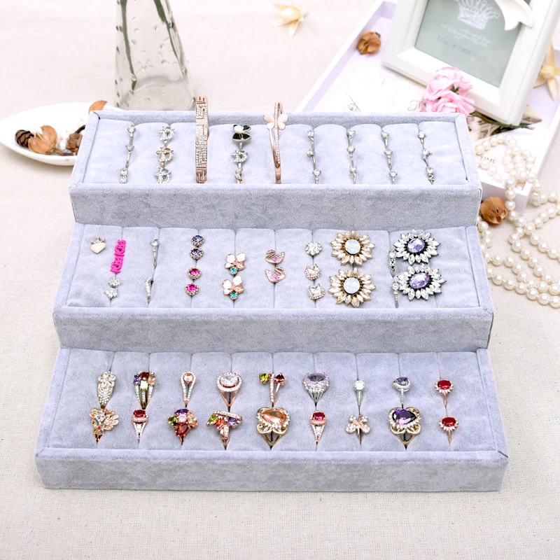 

Velvet Jewelry Organizer Three layers Ring Jewellery Display Holder Ring Display Stand Storage Box Jewelry Organizer Case Casket