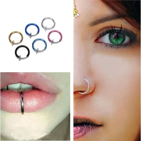 2Pcs Unisex Punk Nose Lip Rings Fake Piercing Body Hoop Tongue Ring Body Jewelry Goth Clip On Ear Ring Wholesale 6 Colors