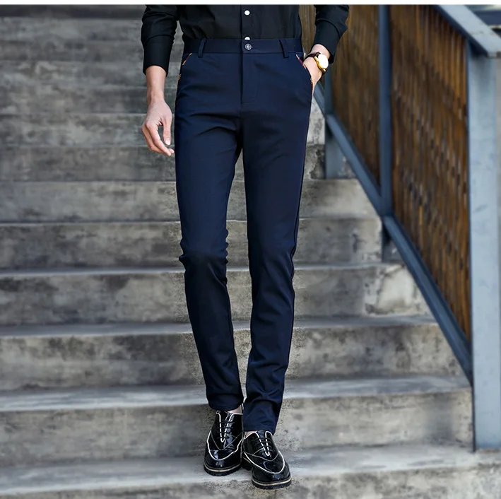 Демисезонный мода slim fit Для мужчин деловые штаны прямые платья Для мужчин s эластичный Деловой брючный костюм мужской черный темно