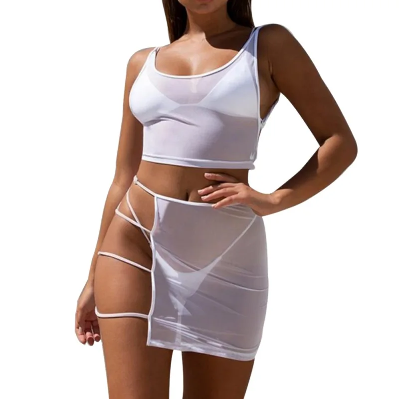

Women Casual Beach Outfits Sexy Hollow Out Bodycon Mini Skirt + Crop Tops