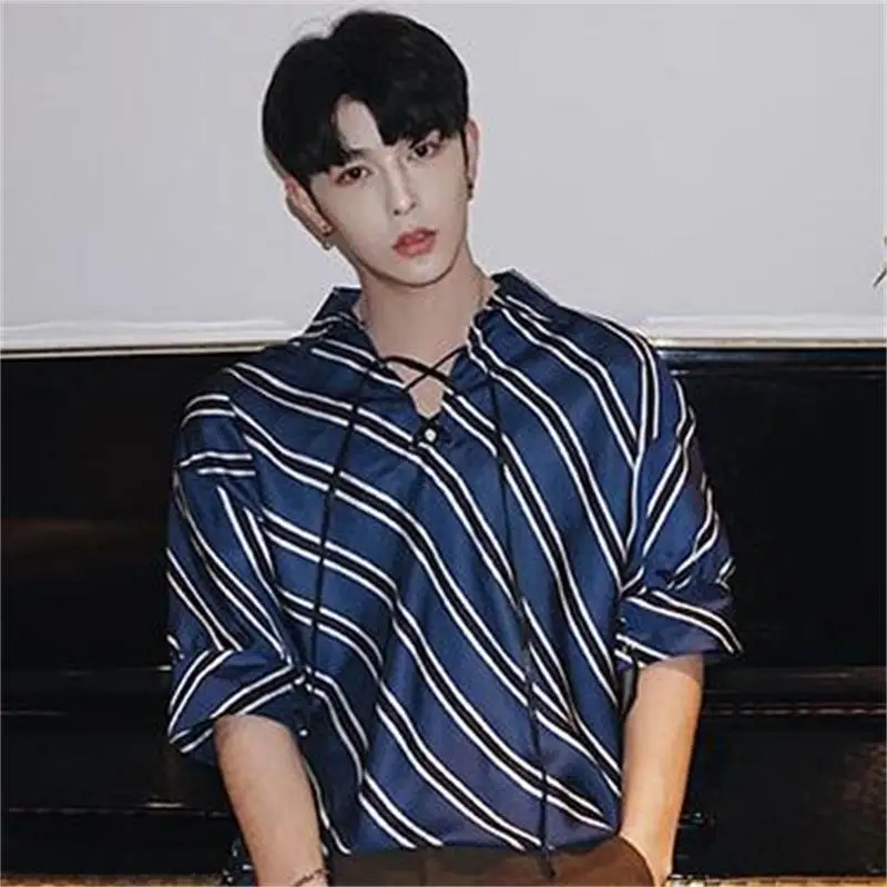 Crossed band short sleeve stripe satin men shirt oversize fit loose fashion high quality summer casual homme shirts Crossed band short sleeve stripe satin men shirt oversize fit loose fashion high quality summer casual homme shirts