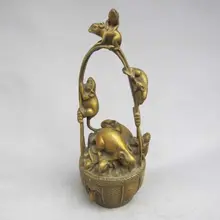 Exquisite Chinese Brass Handwork Carved Mouses Basket Sculpture