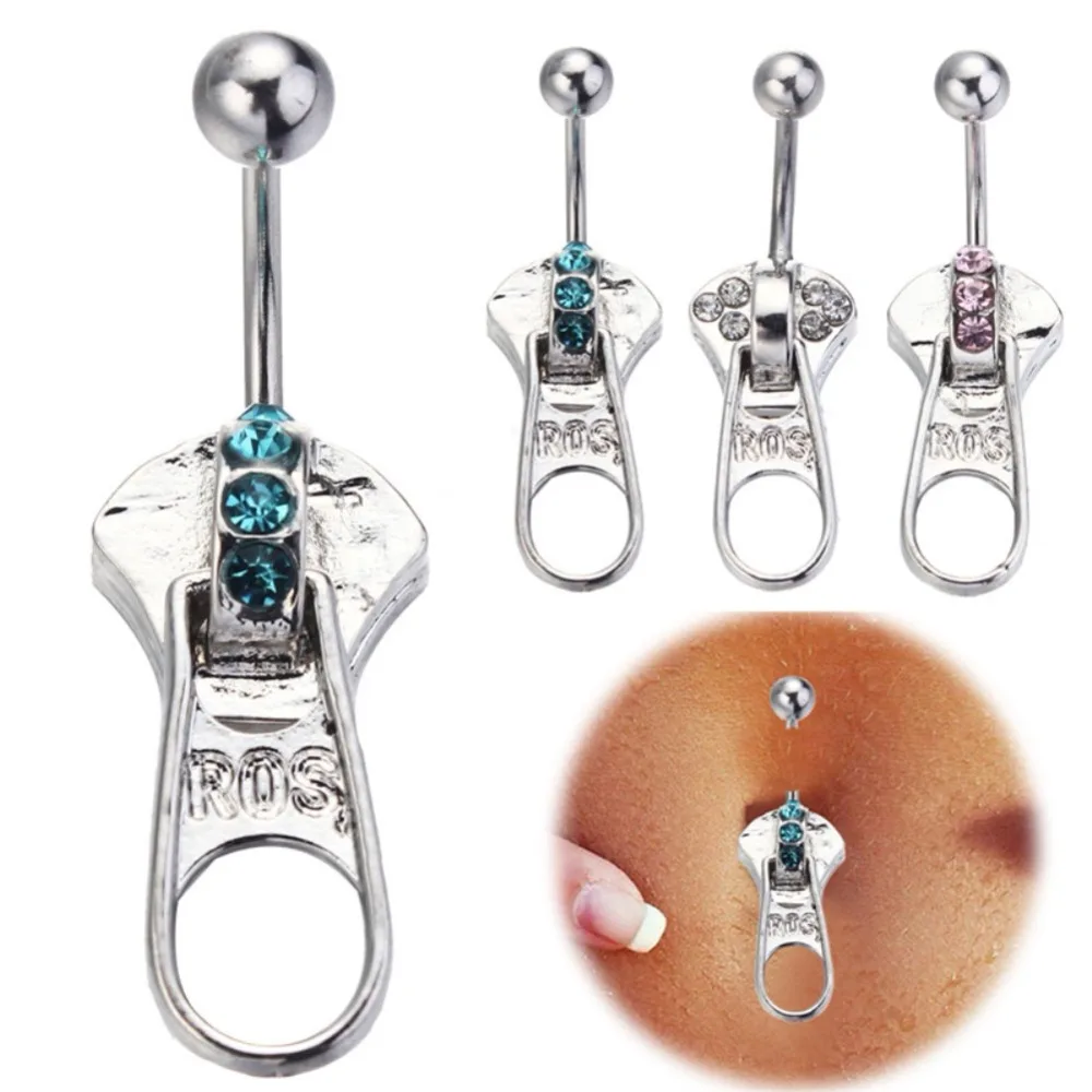 MODRSA 1PC Punk Wind Crystal Zipper Navel Ring Stainless Steel Belly Button Creative Dangle Piercing ombligo |
