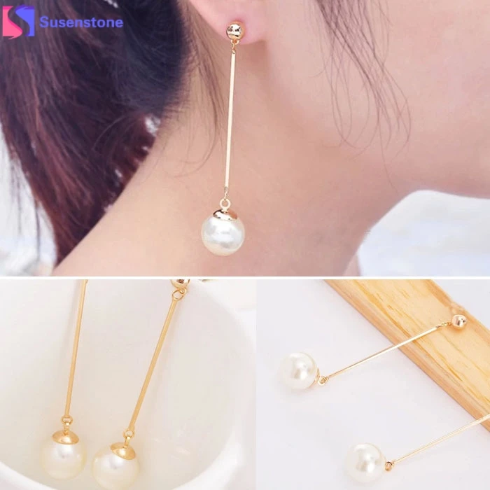 

New Fashion OL Womens Imitation Pearl Ear Stud Pearl Long Dangle Earring #3-4