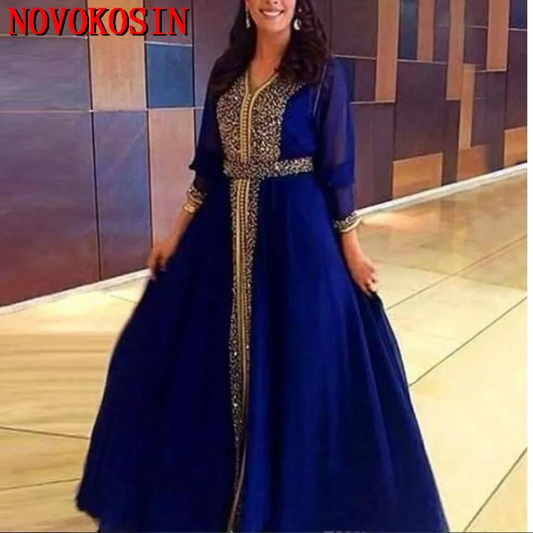 

Real Image 2019 Dubai Chiffon Evening Dresses with Gold Beaded Sash Long Sleeves Mother of the Bride Dresses Prom Party Gowns