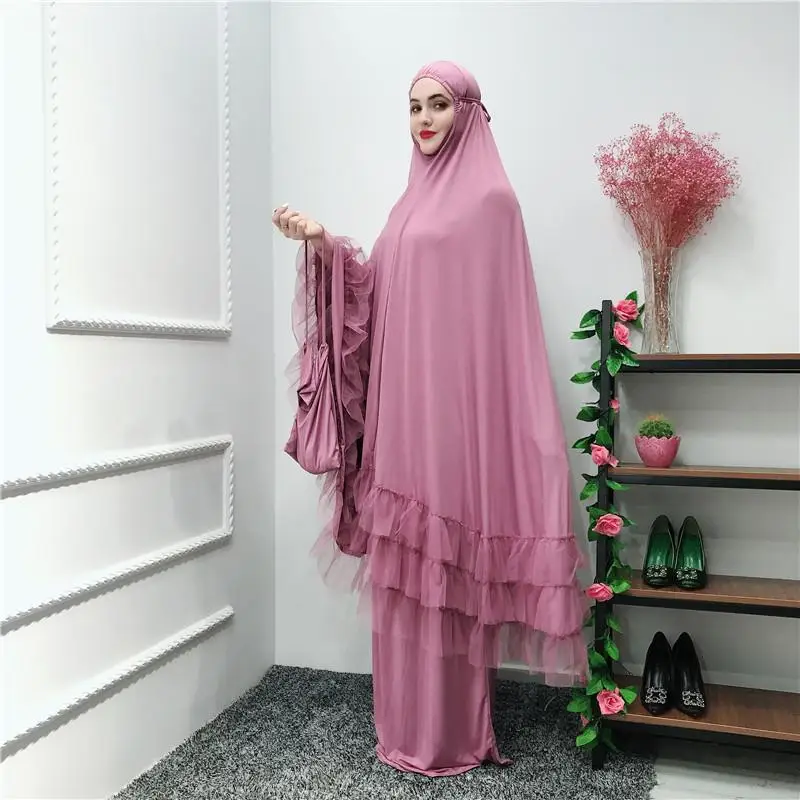 2 Piece Women Prayer Hijab Dress Dubai Muslim Khimar Jilbab Overhead Abaya Clothing Ramadan Skirt Kaftan Solid Color Set Islamic - Цвет: Rose