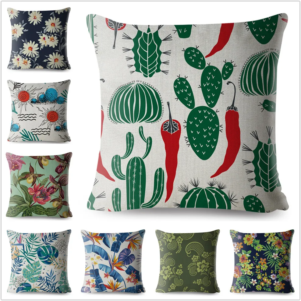 Plant Flower Cactus Print Throw Pillow Case Cotton Linen Pillows Cases 45*45cm Square Sofa Cushion Cover Home Decor Pilowcase | Дом и сад
