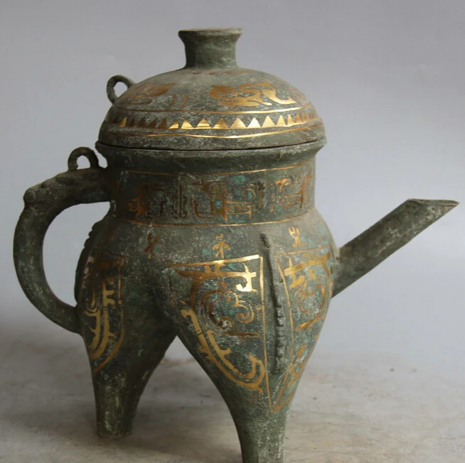 

10" Ancient Chinese Dynasty Palace Bronze 3 Foot Handle Wine Tea Pot Flagon R0710