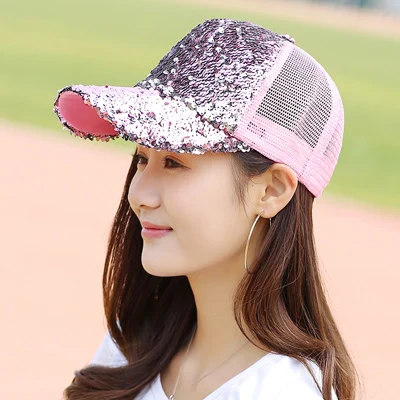 Новая блестящая сетчатая бейсбольная кепка с блестящими блестками, красивые регулируемые женские шапки для девушек, вечерние кепки для клуба - Цвет: pink