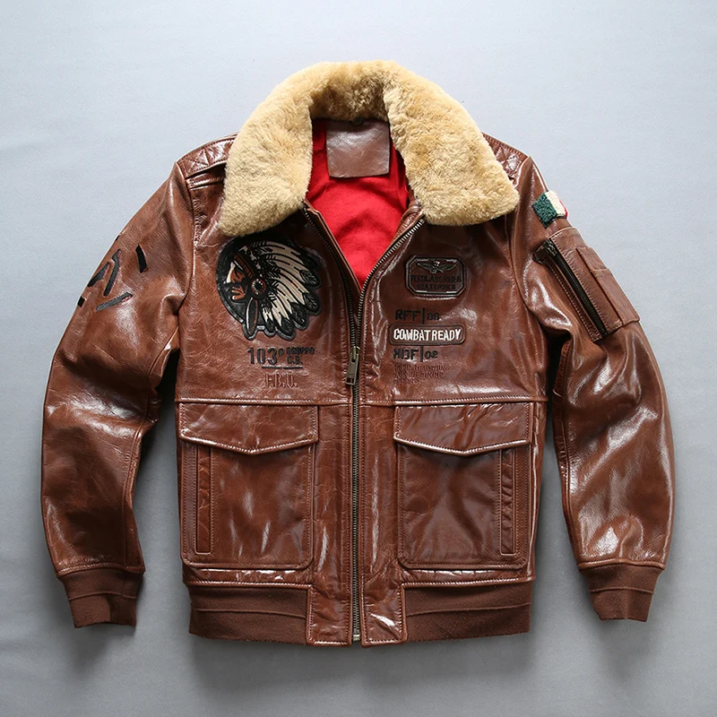 

2018 New Men Air Force Flight A1 Pilot Jackets Fashion Indian head Embroidery First layer Cowhide Winter Russia Coats