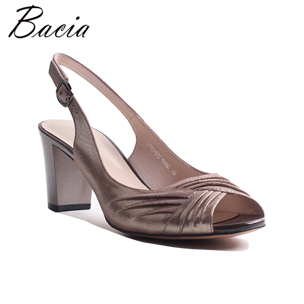 

Bacia Fashion Brown Genuine Leather Sandals 7.5cm Print Thick Heels High quality Genuine Leather Peep Toe Pump Size 33-42 MWB014