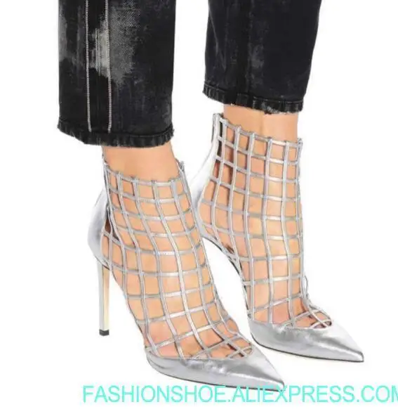 

New Fashion Red/White Leather Straps Women Sexy Caged Ankle Boots Pointy Toe Ladies High Heel Boots Cut Out Female Stiletto Boot