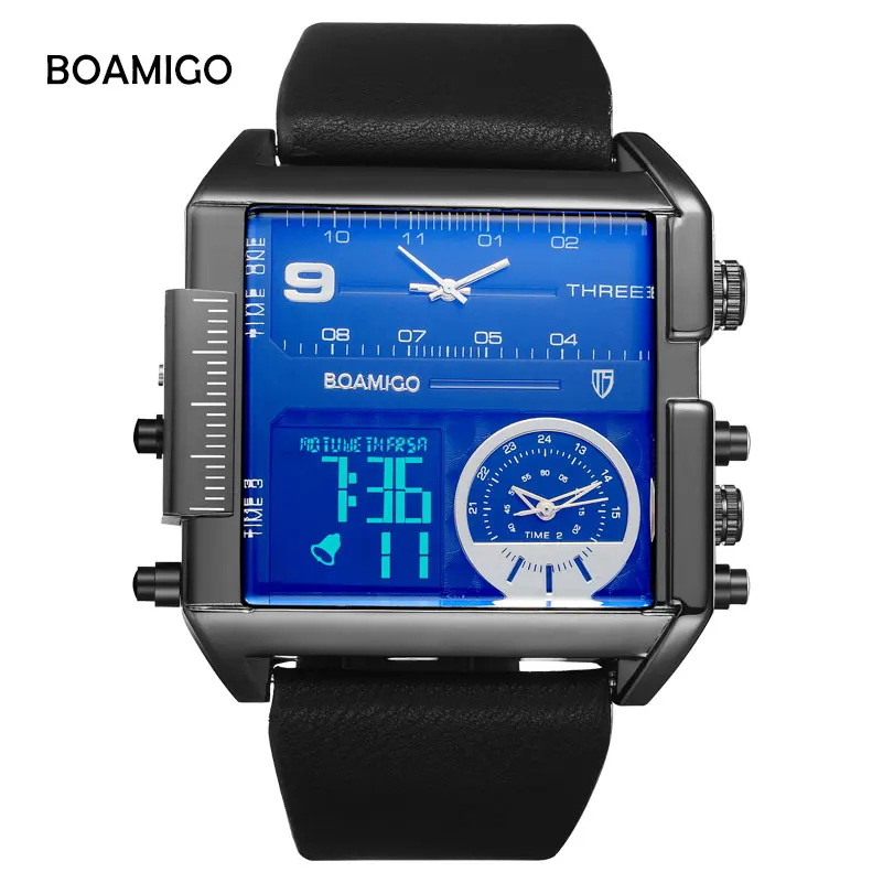 

BOAMIGO Fashion Top Brand Men Sports Watches 3 Time Zone Man Watch Leather Strap Rectangle Quartz Wristwatch Relogio Masculino