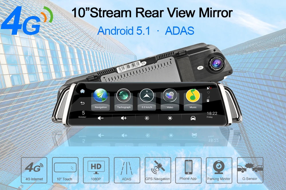 4G Android ADAS Автомобильный видеорегистратор Потоковое мультимедиа зеркало заднего