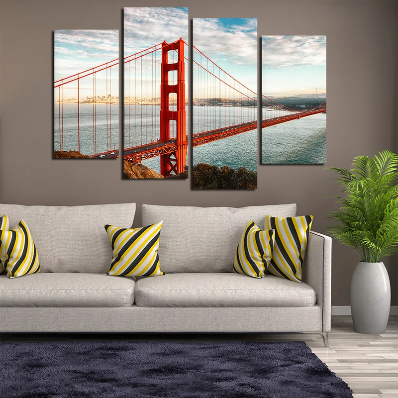 America Golden Gate Bridge 4 Panels Canvas Wall Art Cityscape Canvas Prints Paintings on Canvas for Living Room Wall Decorations (3)