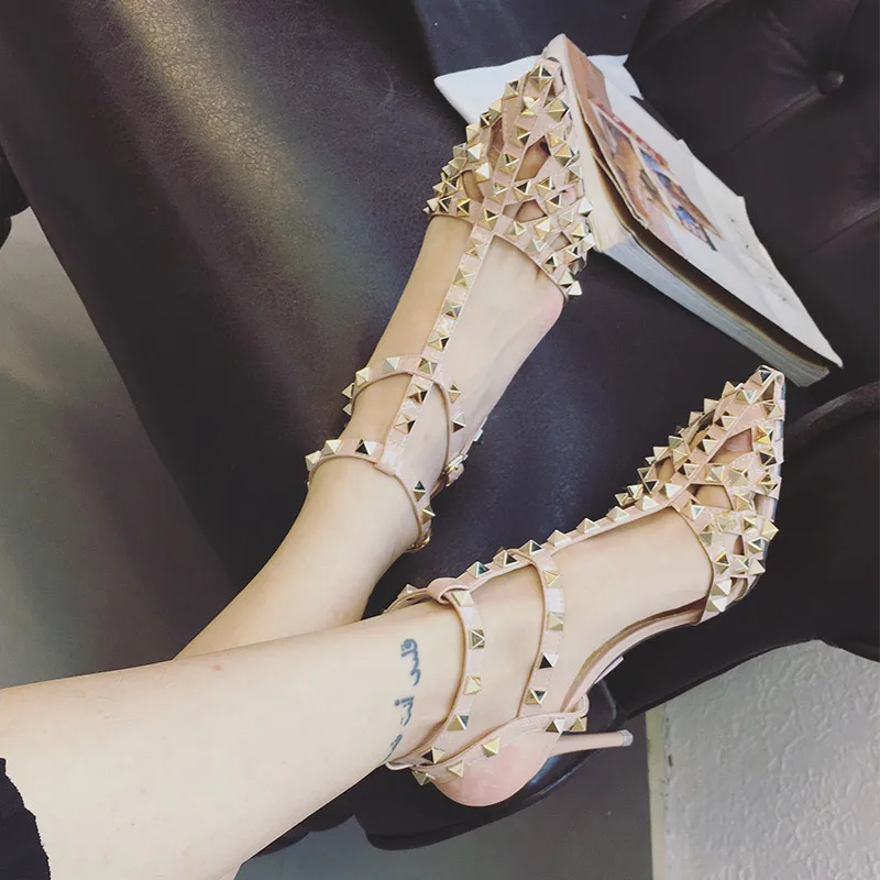

High-heeled Sandals Female Summer Fine with Nightclub Sexy Rivet Pointed Roman Women's Shoes