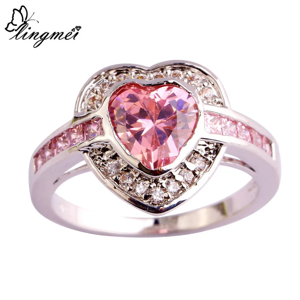 

lingmei New Heart Cut Pink & White CZ Silver Jewelry Ring Brilliant Jewelry For Women Gift Size 7 8 9 10 Wholesale 706R8