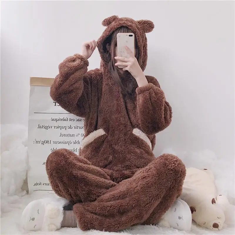 

Cute Pajama Sets Women Autumn Winter Soft Home Service Cute Ears Hooded Loose Plush Pajamas Suit Female Sweet Suits